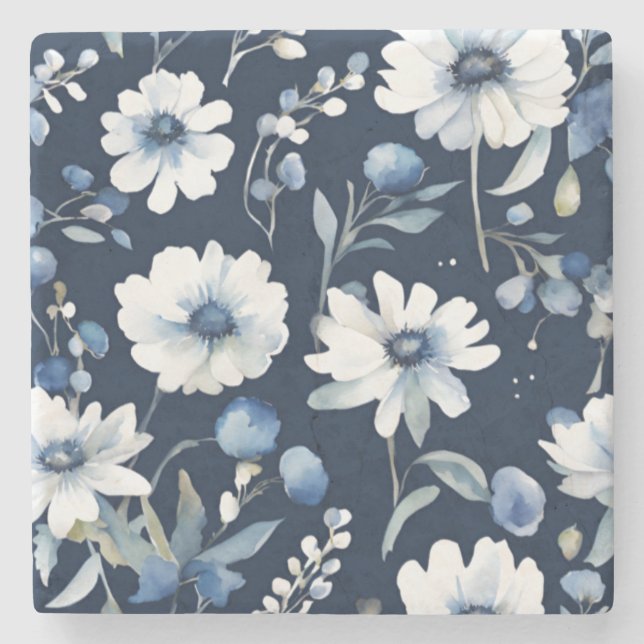 Blume Elegant Wasserfarbe Blau Steinuntersetzer (Vorderseite)