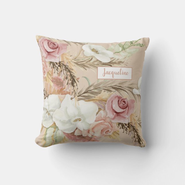 Blume Elegante Pampas Rosa Rosa Wasserfarbe Kissen (Vorderseite)