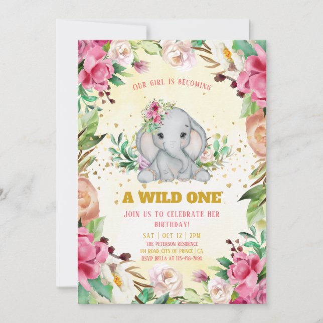 Blume Elephant Girl Birthday Einladung (Vorderseite)