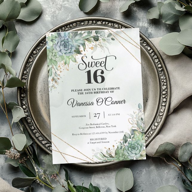Blume Eukalyptus-Goldrahmen Einladung (Boho lush succulents flowers eucalyptus gold frame invitation)