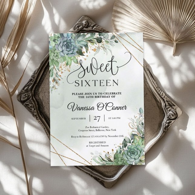 Blume Eukalyptus-Goldrahmen Einladung (Boho lush succulents flowers eucalyptus gold frame invitation)