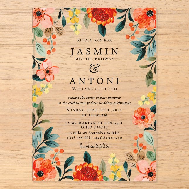 Blume fallen Foliage Wedding Acryleinladungen (Vorderseite)