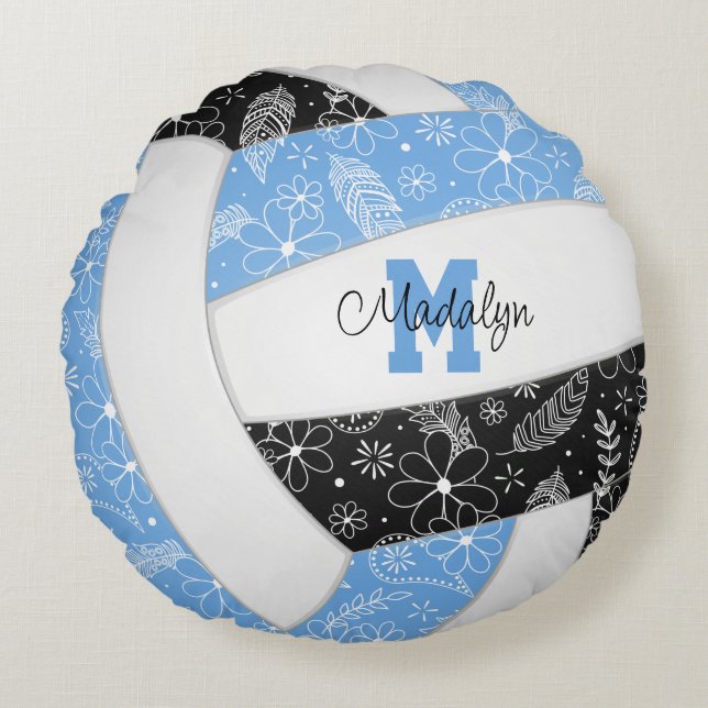 Blume feathers paislies lblauen schwarzen Volleyba Rundes Kissen (Vorderseite)