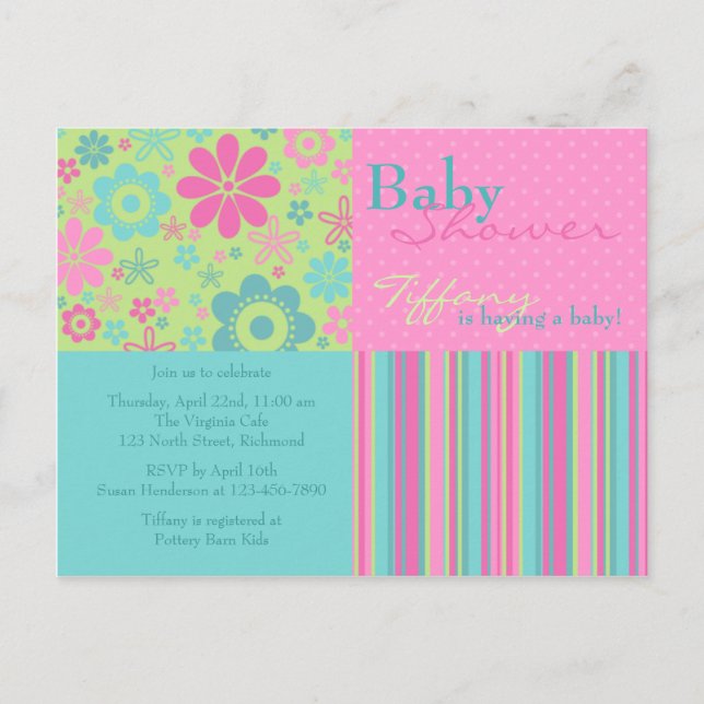 Blume Fizz Pink & Blue ・ Kinderdusche Einladung (Vorderseite)