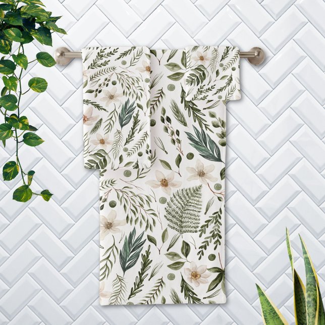 Blume Foliage Wasserfarbe Nahtlose Blumenmuster Badhandtuch Set (In situ Bathroom wall)