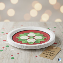 Blume-Form auf dunkelrot mit Border & Blätter Pappteller