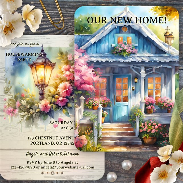 Blume Foto Housewarming Einladung (Housewarming party invitation featuring a watercolor painting of a lantern with festive flowers)