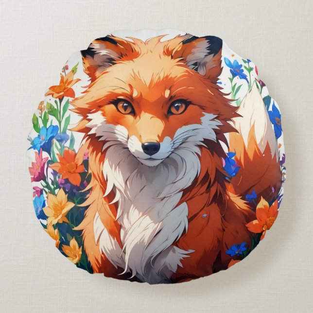 Blume Fox Rundes Kissen (Vorderseite)
