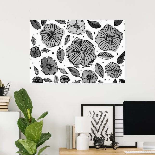 Blume für Aquarell und Tinte - Schwarzweiß Poster (Heimbüro)