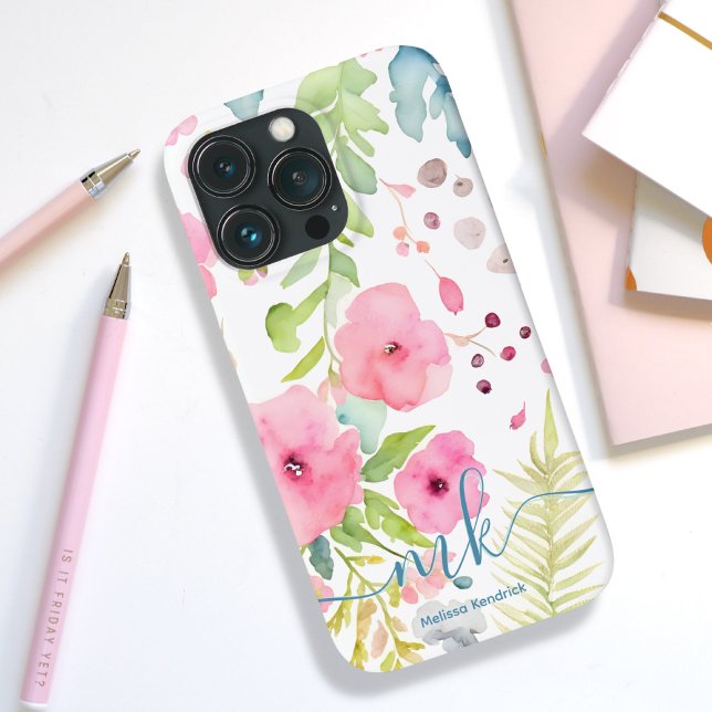 Blume für Aquarellfarben Case-Mate iPhone Hülle (Watercolor Pink Flowers Ferns Meadow Monogram Name Phone Case. )