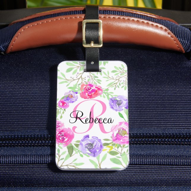 Blume für Aquarellfarben Rosa Monogramm Gepäckanhänger (Vorderseite Insitu 2)