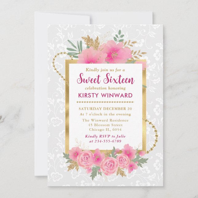 Blume für Aquarellpinken 16 . Geburtstag Einladung (Vorderseite)