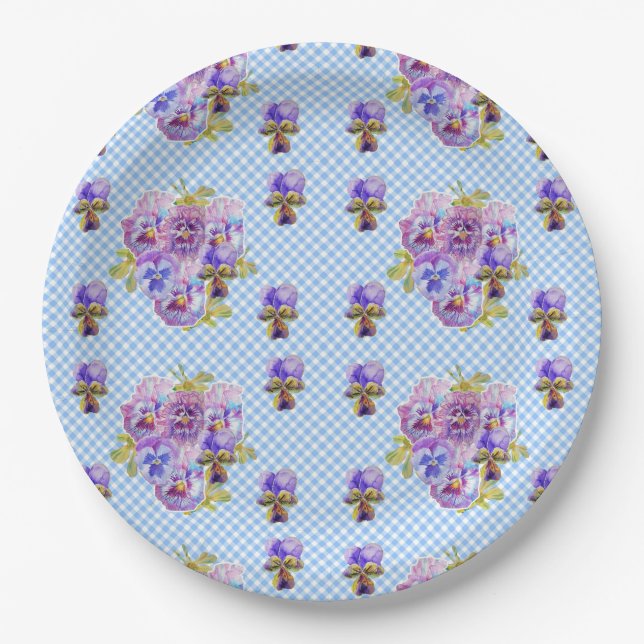 Blume für blaue Pansy-Karo Musterpapier Party-Plat Pappteller (Vorderseite)