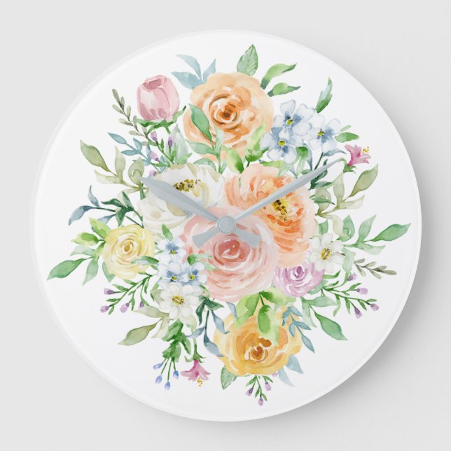 Blume für die Aquarellfarben und grüne Blätter Große Wanduhr (Vorderseite)