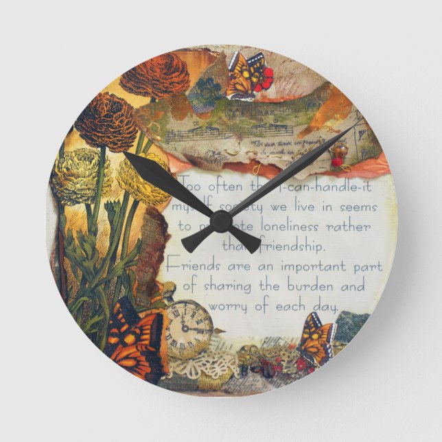 Blume für Freundschaften Butterfets Mixed Media Co Runde Wanduhr (Vorderseite)