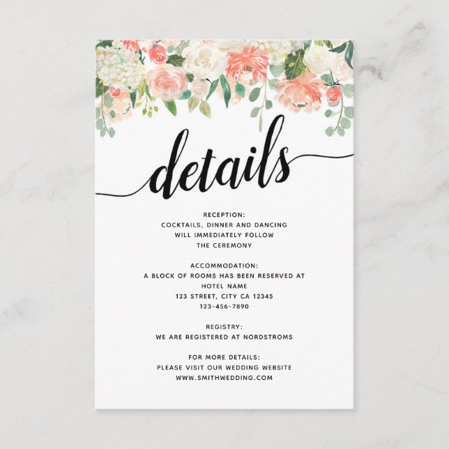 Blume für Hochzeiten, Pfirsich und Blush Begleitkarte (Vorderseite)