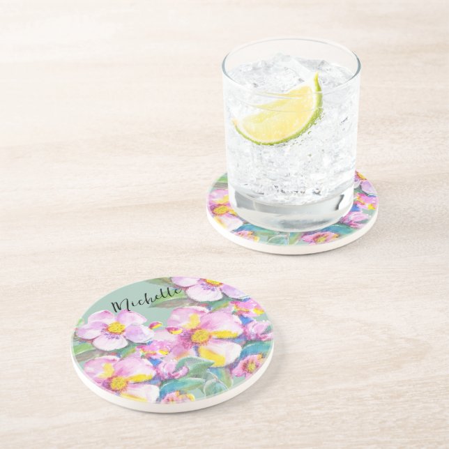 Blume für künstlerische Pfirsiche Personalisiert Getränkeuntersetzer (Seite)