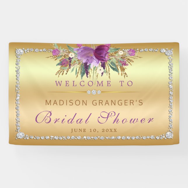 Blume für lila Glitzer Diamonds Gold Brautparty Banner (Horizontal)