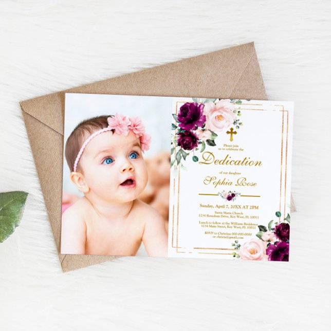 Blume für lila Rose und Blush Foto Girl Dedication Einladung (Von Creator hochgeladen)