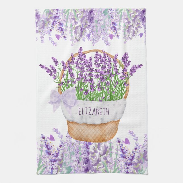 Blume für Monogramm Name Lavender-Aktionskorb Grün Geschirrtuch (Vertikal)