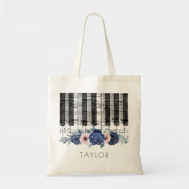 Blume für Musikpiano-Blau und Rosa Tragetasche (Vorne)
