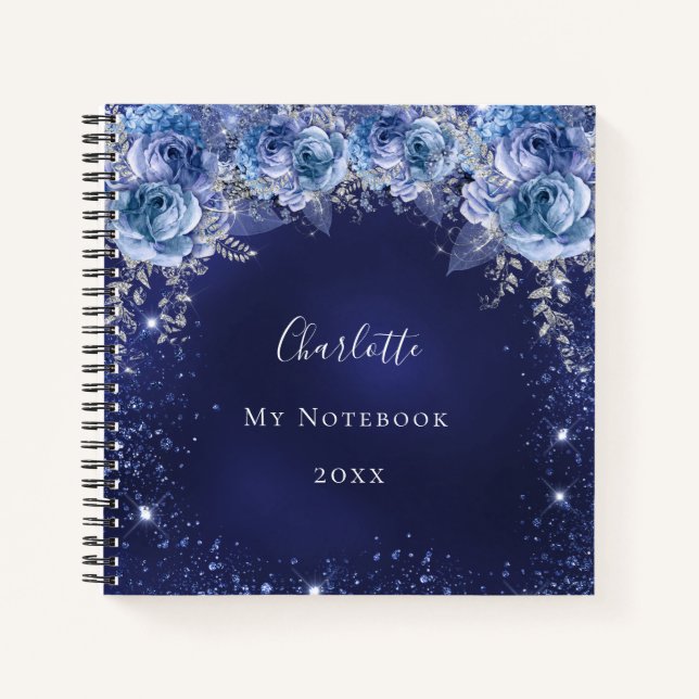 Blume für Navy-Blue-Glitzer Notizbuch (Vorderseite)