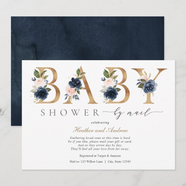 Blume für Navy Blush und Gold Baby Dusche per Mail Einladung (Vorne/Hinten)