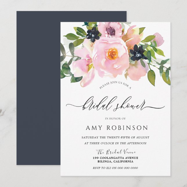 Blume für Navy und Blush Brautparty Einladung (Vorne/Hinten)