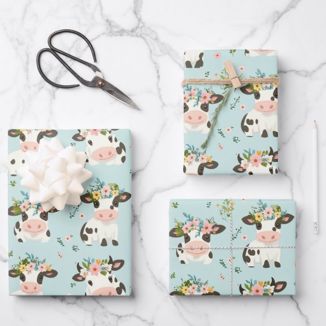 Blume für niedliche Kuh-Wrapper für alle Veranstal Geschenkpapier Set (Vorderseite)