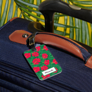 Blume für Rote Hibiskus auf tropischen Blätter Gepäckanhänger