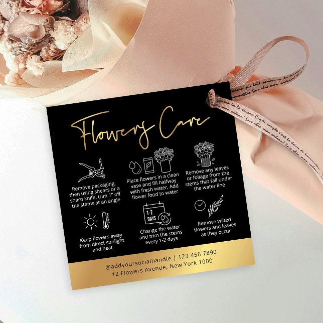 Blume für Schwarz-Gold-Logos - Leitfaden zum Thema (Elegant black and gold flowers care instructions hang tag design with care icons and your logo)