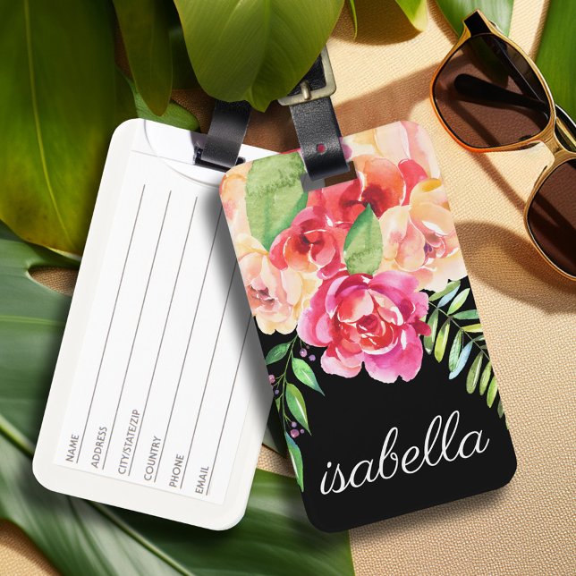 Blume für Schwarz und Rosa Aquarellfarben Monogram Gepäckanhänger (Personalized Luggage tag)