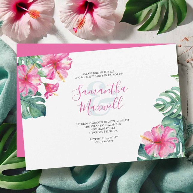 Blume für tropischen Hibiskus (Flat lay of a tropical hibiscus flower engagement party invitation )