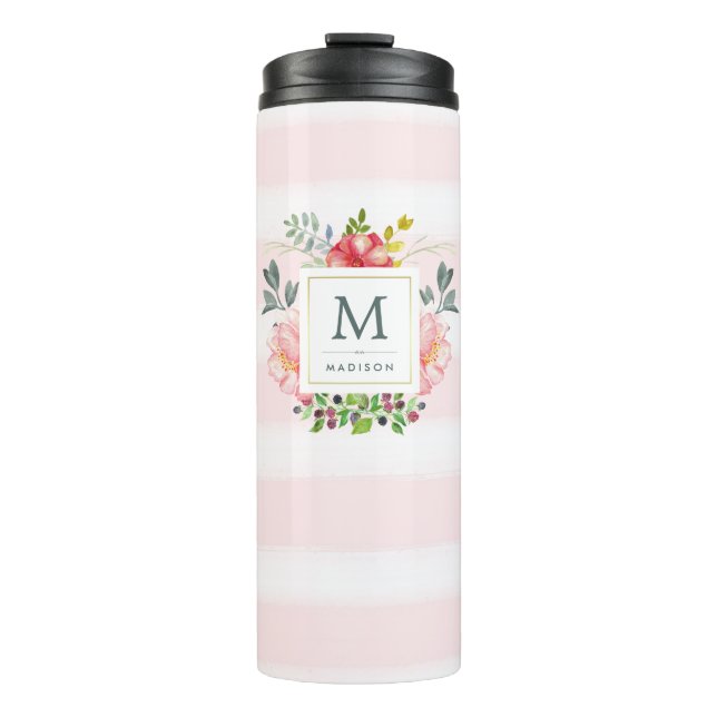 Blume für Wasserfarben mit Monogramm und Streifen Thermosbecher (Vorderseite)