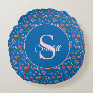 Blume für Wasserfarben Monogramm Name blau Rundes Kissen
