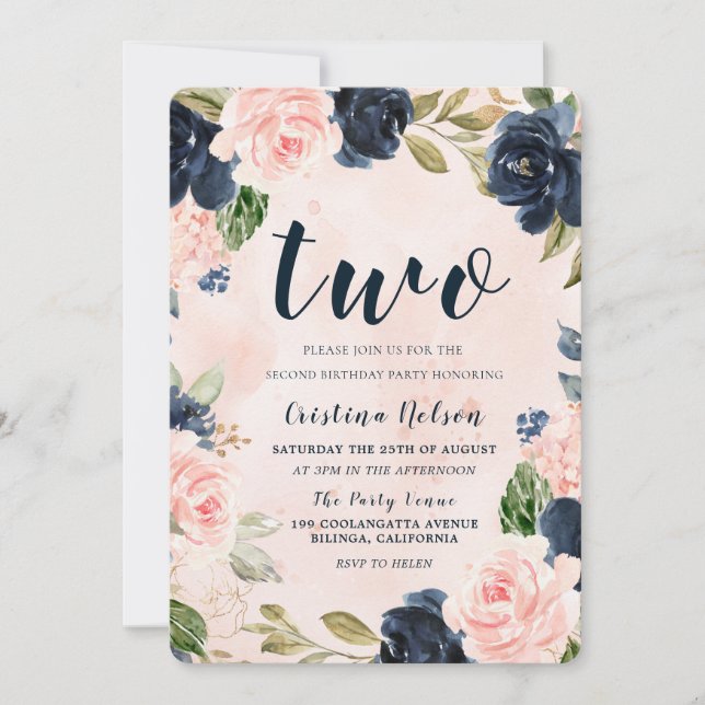 Blume für Wasserfarbenfrohe Navy Blush 2. Geburtst Einladung (Vorderseite)