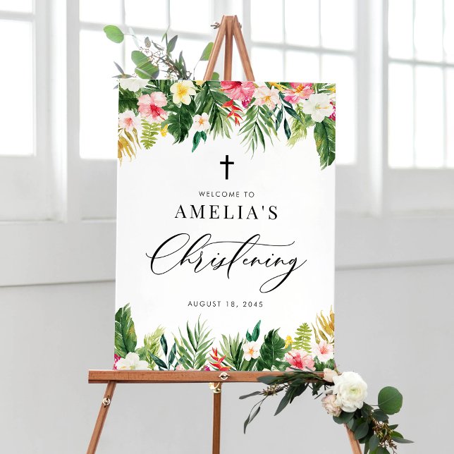 Blume Garland Tropisches Christening Poster (Watercolor Flowers Garland Tropical Christening Welcome Sign)