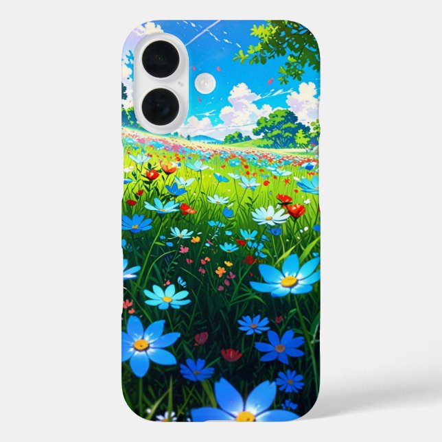 Blume-Gefleckte Frühjahrswiese iPhone 16 Hülle (Rückseite)
