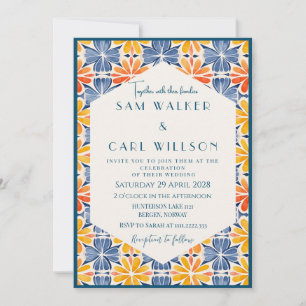 Blume Gelb Blauer orangefarbener Tile + Rand Einladung