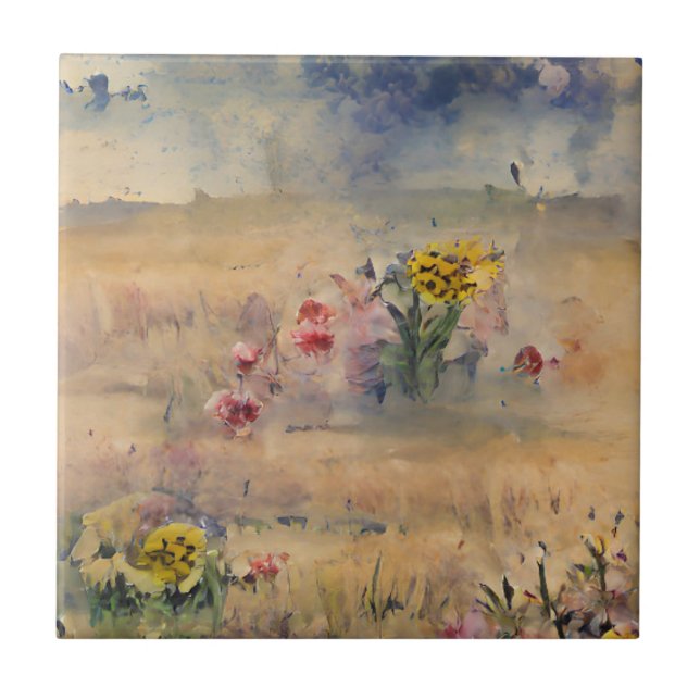 Blume gelb in einem Feld rauchblauer Himmelskunst Fliese (Vorderseite)