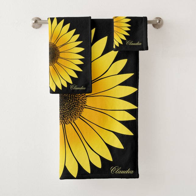 Blume Gelbe Sonnenblume auf schwarzem Hintergrund Badhandtuch Set (Insitu)