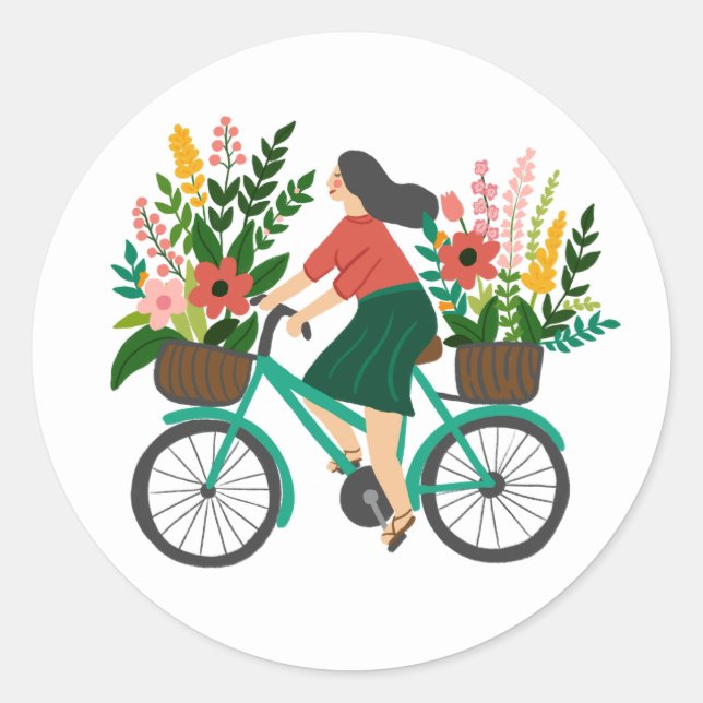 Blume Girl Bicycle Niedlich Runder Aufkleber (Vorderseite)