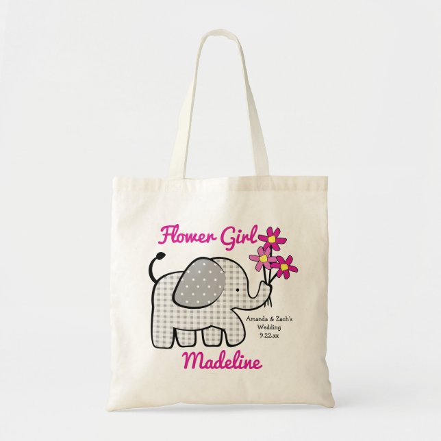 Blume Girl Gingham Elephant mit Bouquet Pink Tragetasche (Vorne)