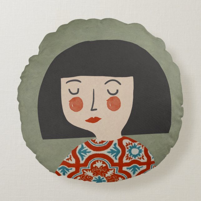 Blume Girl Illustration Rundes Kissen (Vorderseite)