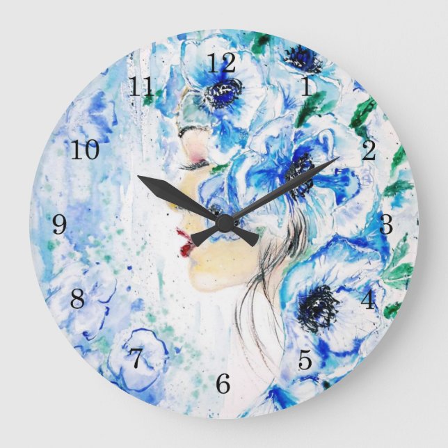 Blume Girl Wall Clock - Blaue Fantasie - Malerei Große Wanduhr (Vorderseite)