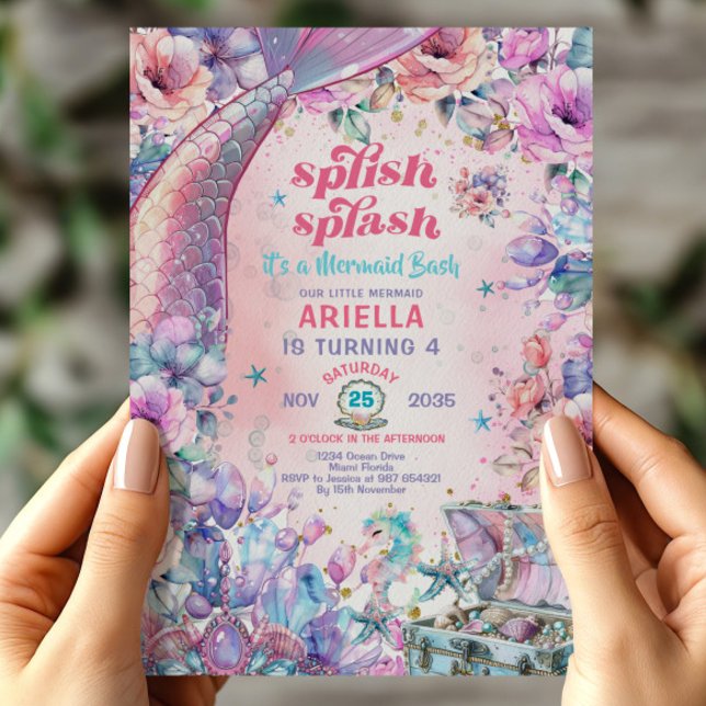 Blume Glitzer Meerjungfrau Schwanz Rosa und Lila Einladung (Von Creator hochgeladen)