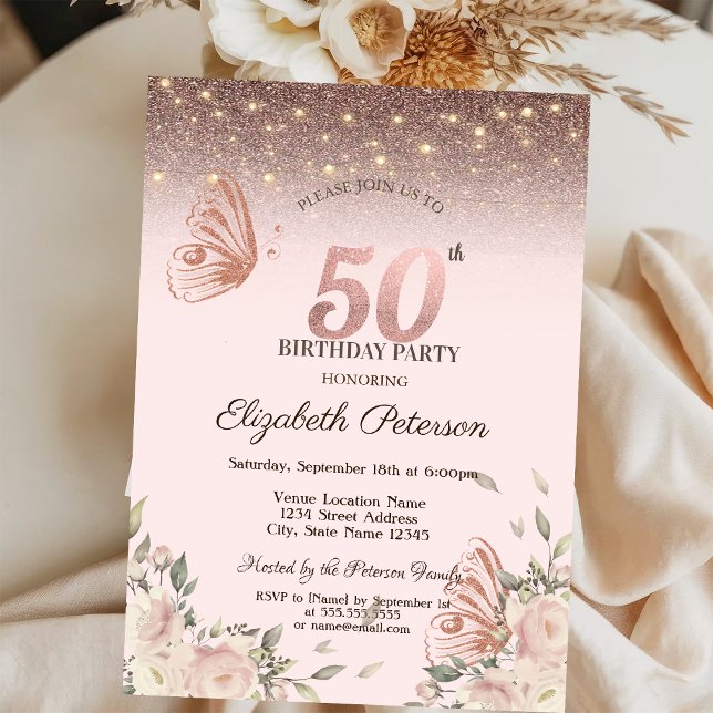 Blume Glitzer Schmetterlinge 50. Geburtstag Einladung (Von Creator hochgeladen)