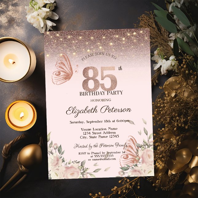 Blume Glitzer Schmetterlinge 85. Geburtstag Einladung (Von Creator hochgeladen)
