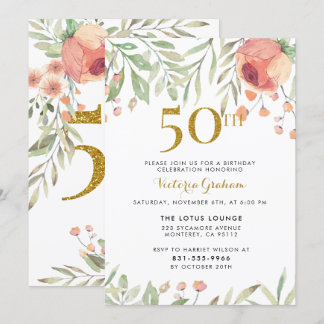 Blume & Gold 50. Geburtstagsparty Einladung