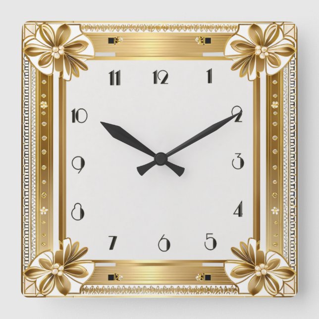 Blume Gold Art Deco Quadratische Wanduhr (Vorderseite)